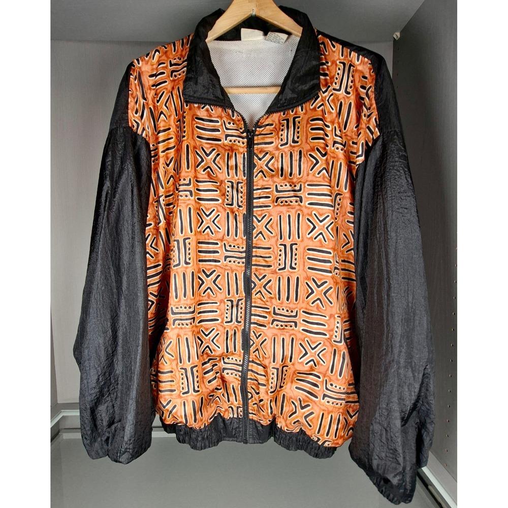 Vintage 90s Avon Style African Tribal Windbreaker Jacket Mens L Orange Black VTG